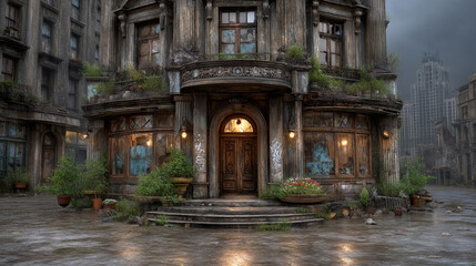 Fototapeta premium Vintage urban building facade with aged entrance