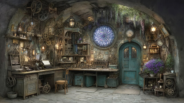 Vintage alchemist workshop interior with steampunk elements