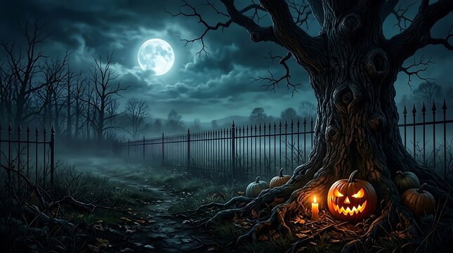 Spooky carved pumpkin glowing brightly under large dark tree during eerie night with full moon sky