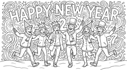 Fototapeta premium Happy New Year celebration with diverse friends holding sparklers and wearing party hats, festive confetti background, line art style