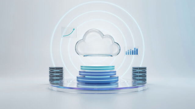 3D render of a transparent glass cloud floating above a glowing blue podium with server racks growth arrow and bar chart representing cloud computing data storage technology