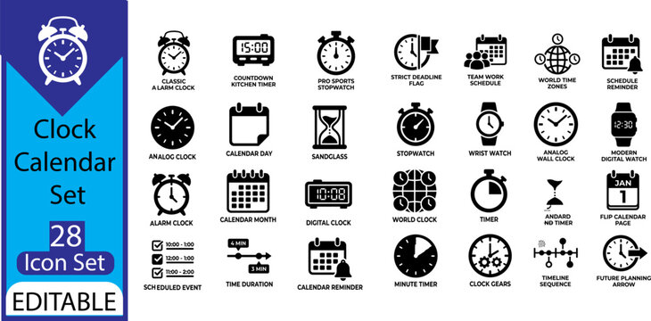 28 Time Management and Calendar Schedule Vector Glyph Icon Set