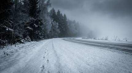 Naklejka premium Eerie Winter Horror Landscape with Winding Snowy Road and Footprints Leading into a Dark Foggy Forest with Copy Space