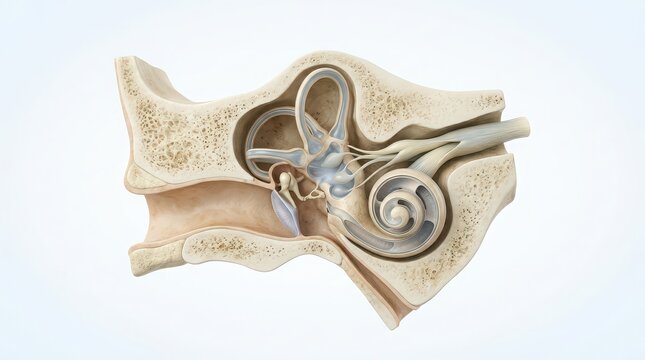 Anatomical cross-section of the human ear showing the intricate structures of the inner ear, middle ear, and outer ear canal