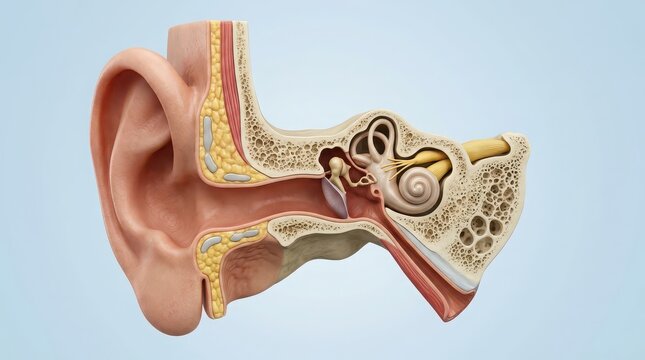 Detailed anatomical cross-section of the human ear showing outer middle and inner structures Keywords: ear anatomy, human ear, cross section, inner ear, middle ear, outer ear, cochlea, eardrum