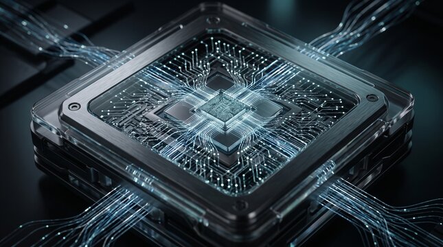 Microchip processor unit with glowing digital data circuits representing advanced artificial intelligence and high performance computing technology.