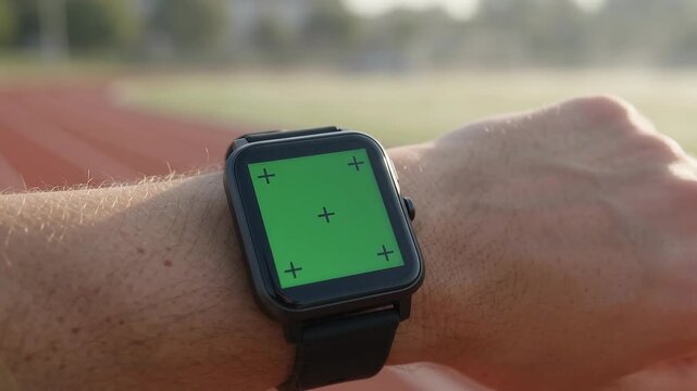 Athletic runner checking a digital smartwatch with green screen chroma key display outdoors on athletic running track during morning workout training session for fitness app mockup previews.