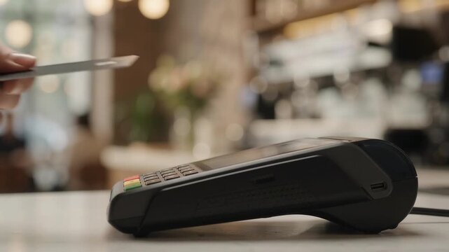 Electronic wireless POS card payment machine terminal standing on retail checkout counter in cafe store for contactless credit card transaction processing and retail commercial sales scenes.