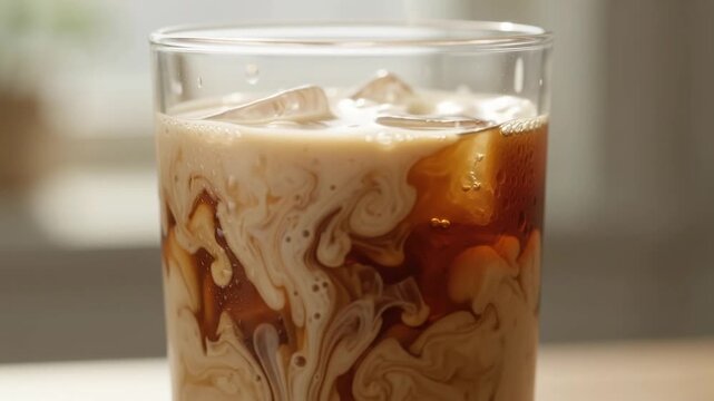 Macro close up of refreshing glass filled with iced cold brew black coffee and crystal clear floating ice cubes with condensation droplets on transparent glass cup in cafe restaurant scenes.
