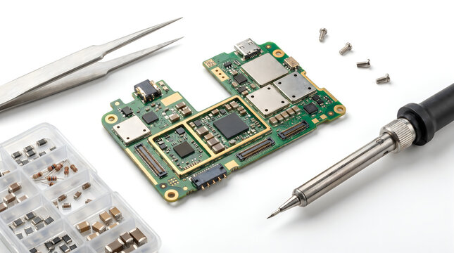 Electronic circuit board repair with soldering iron and tweezers, smartphone motherboard hardware maintenance, microchip components on white background