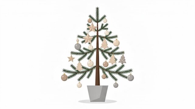 Minimalist christmas tree decoration process with ornaments and gifts