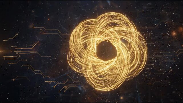 Shapes made from light move and twist in a dark space. The video shows bright lines forming a unique design against a cosmic background