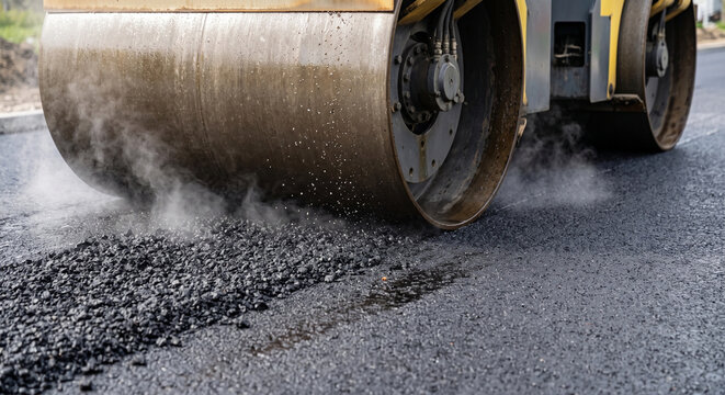 Close-up of a road roller compacting hot asphalt with steam in road construction