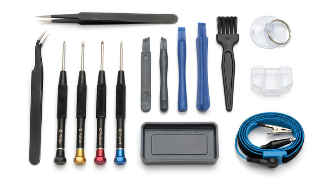 Professional electronics repair tool kit with precision screwdrivers and tweezers, mobile phone maintenance equipment set on white background