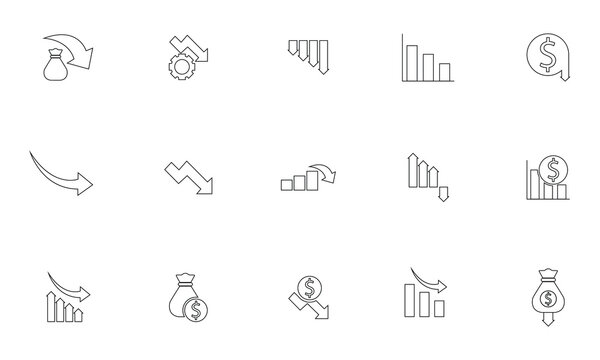 Reduction icon set, decrease and cost cutting symbol, downward arrow, discount, savings, price reduction and business optimization concept vector illustration