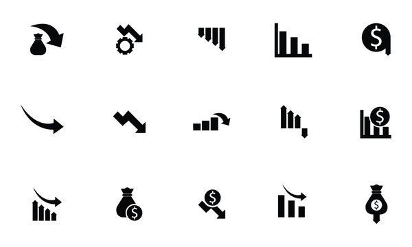 Reduction icon set, decrease and cost cutting symbol, downward arrow, discount, savings, price reduction and business optimization concept vector illustration