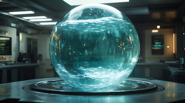 Baby leviathan floating in suspended water orb in a controlled lab environment 