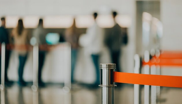 People standing in a queue at a service counter with orange retractable belt barriers in a lobby