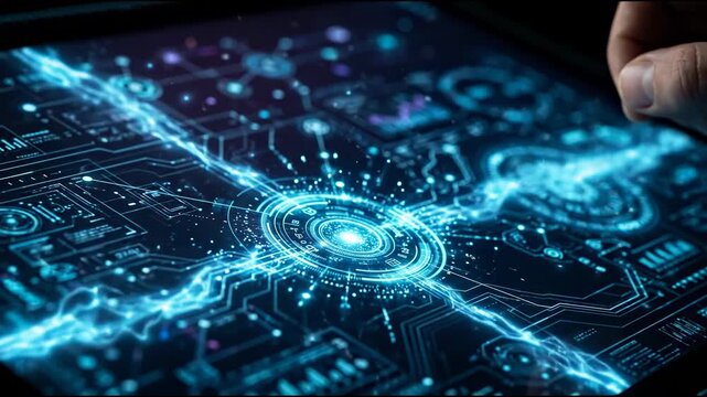 A hand interacts with a glowing digital interface displaying circuits and data patterns. The setting highlights modern technology in action, emphasizing user engagement with digital systems