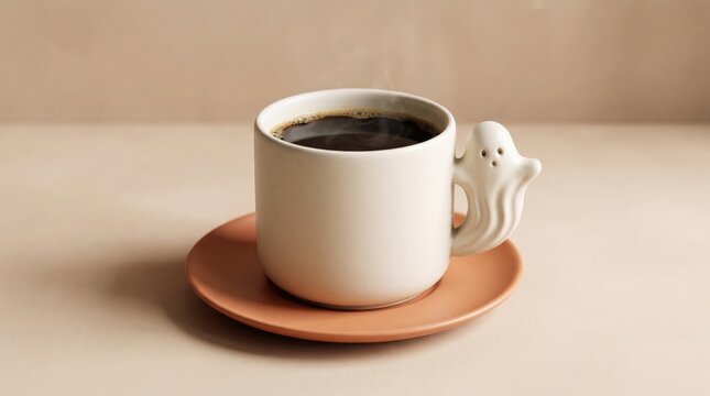 White ceramic coffee cup with a ghost shaped handle resting on a terracotta saucer ghost mug tea cup terracotta beverage caffeine halloween seasonal handmade container kitchenware