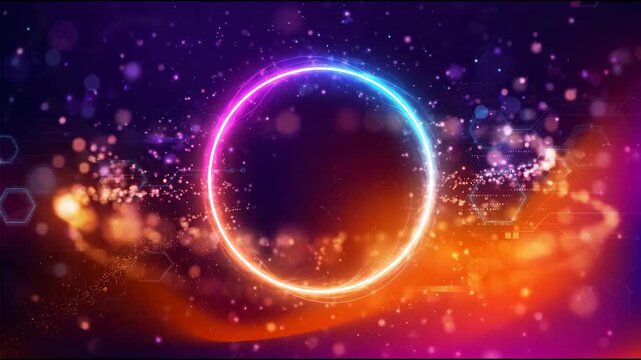 A bright circle glows with colorful light effects and sparkles. The background has dark shades with a blend of orange and purple. The scene changes with light patterns