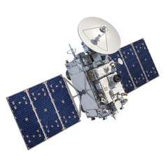 Communication satellite with solar panels orbiting earth for space technology and telecom applications © MD
