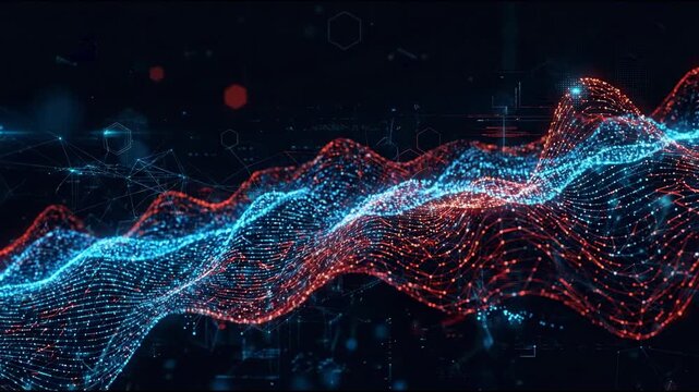 Bright blue and red waves move across a dark background, showing a digital representation of sound. Patterns shift and change as the design flows smoothly over the screen
