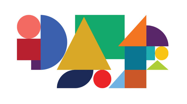 Abstract geometric composition featuring vibrant colorful shapes like squares circles and triangles in a modern minimalist pattern design