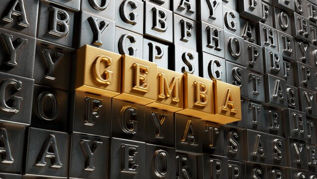 Word gemba. Wooden small Movable type printing with letters with copy space available.close up of Movable type printing,Business Concept.3D rendering.