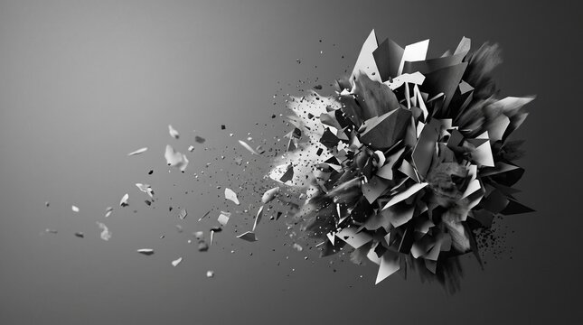 Abstract black geometric shape exploding into fragments, shattered 3D polygonal structure, broken pieces scattering, modern digital destruction art design