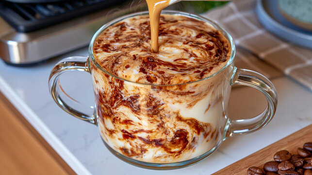 Freshly brewed espresso cascading into a transparent glass mug containing steamed milk, beautiful marbled coffee swirl and rising steam, clean white kitchen countertop with subtle morning coffee acc