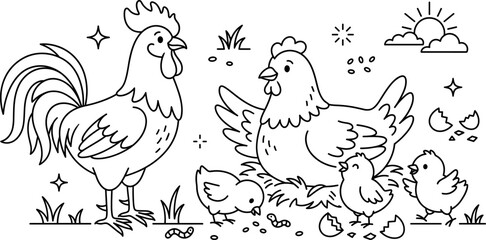 Obraz premium Farm poultry vector scene with a proud rooster hen sitting on nest cute baby chicks and sunrise lineart