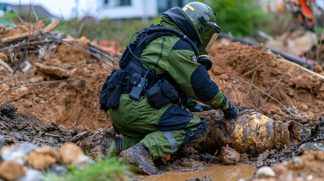 Medium stock photo showing a bomb disposal technician from behind in a bulky blast suit and protective helmet, kneeling carefully in a muddy excavation pit near a large inert 250kg unexploded ordnan