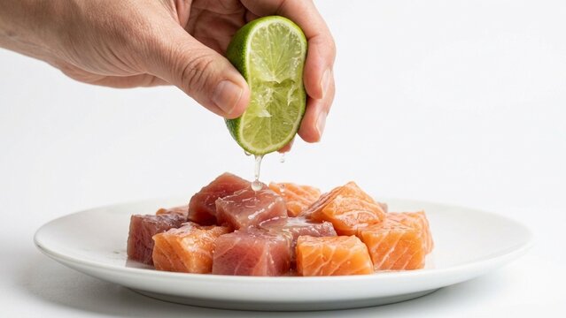Fresh Lime Juice Squeezed Over Raw Fish Cubes on White Background