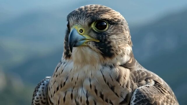 Peregrine falcon portrait showing sharp focus on the head and intense eyes of the majestic predatory bird in natural