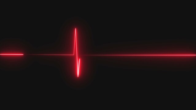 Bright red glowing heart beat pulse line showing a flatline emergency signal on a dark black background representing medical health monitoring technology and hospital life support systems