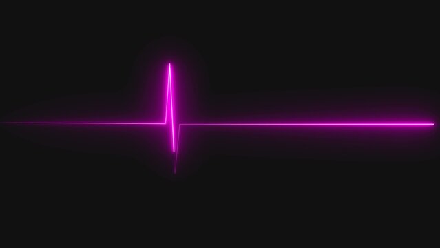 Bright purple neon heartbeat line showing a pulse on a dark black background representing medical technology health monitoring and life signs for science and emergency care concepts