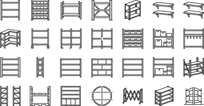 Storage shelves and warehouse rack line icon set for inventory vector designStorage shelves and warehouse rack line icon set for inventory vector design