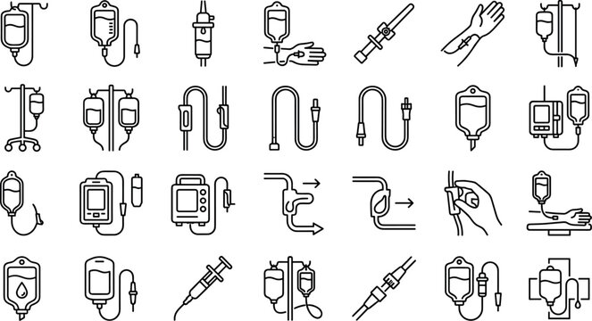 Intravenous IV drip and medical infusion line icon set for healthcare designIntravenous IV drip and medical infusion line icon set for healthcare design