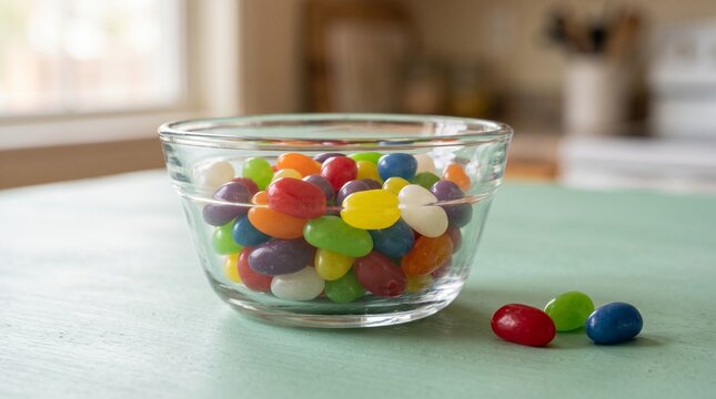 Colorful Jelly Beans in a Glass Bowl on a Mint Table