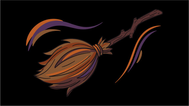 Hand drawn witch broomstick illustration Halloween Asset Elements for spooky seasonal designs and magic themed projects on black background