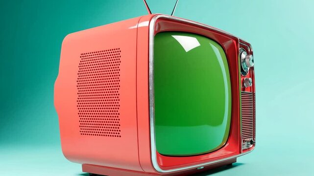 Vintage retro television with green screen, old pink analog TV set on teal background, nostalgic 1970s electronic device for media replacement