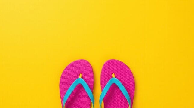 Summer vibes and leisure activities depicted by vivid pink and blue flip-flops on a cheerful yellow backdrop