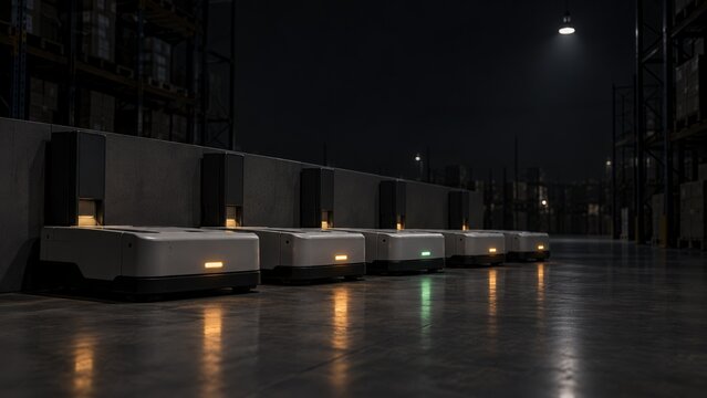 Row of Warehouse Robots Charging at Night With One Fully Charged for Logistics Technology
