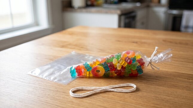 Clear Candy Gift Bag with Twine on a Wooden Table