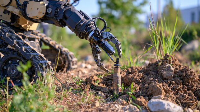 Macro-style stock image of a robust EOD inspection robot using a precision mechanical claw to position a small sensor beside a weathered inert metallic shell casing in dry soil, sharp details on art