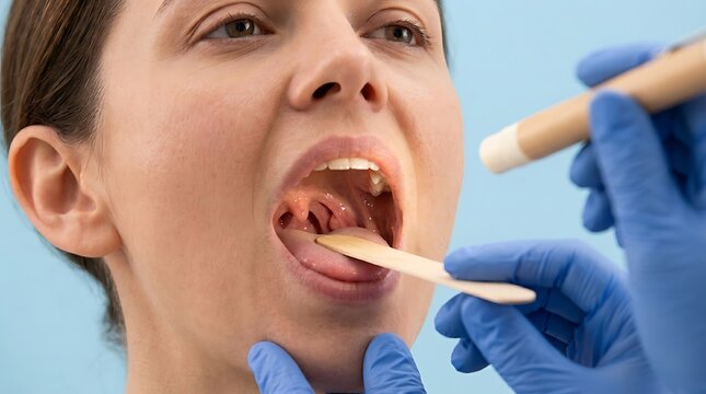 Doctor examining a woman's throat with a tongue depressor and light, closeup view of mouth and tonsils