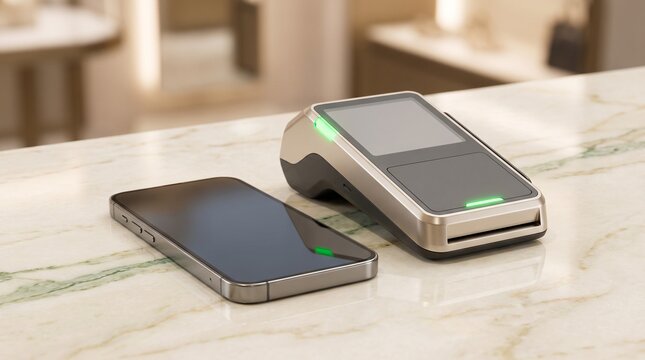 Modern smartphone and contactless payment terminal on marble counter