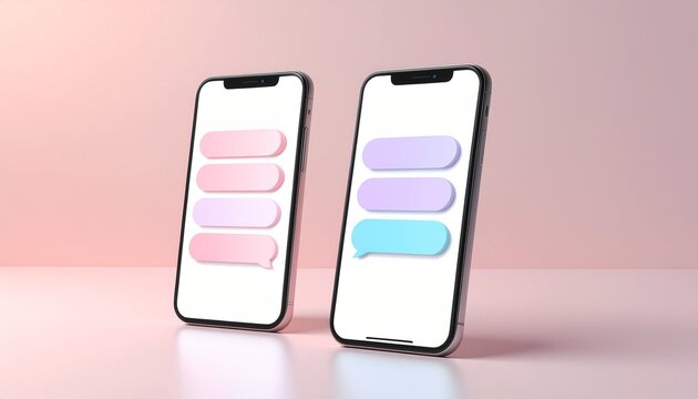 ピンクの背景に並ぶスマートフォンと吹き出しを使った通信イメージ