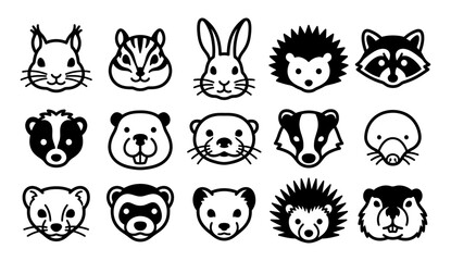 Obraz premium Set of cute woodland animal faces hand drawn in a simple black and white doodle style illustration